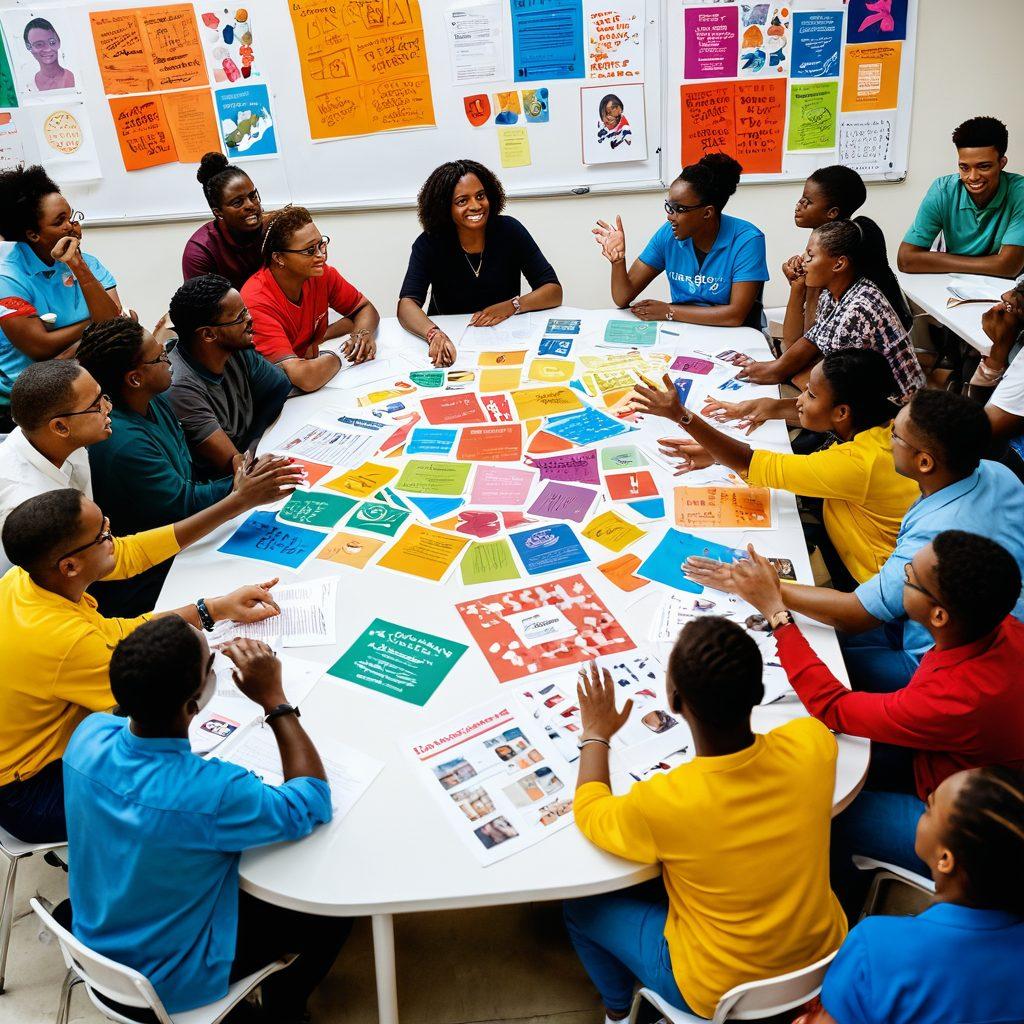 A vibrant and engaging scene depicting a diverse group of individuals collaborating at a community meeting, animated discussions, colorful posters advocating for various causes, a table with outreach materials, and hands raised in support. Super-realistic. Bright colors. White background.