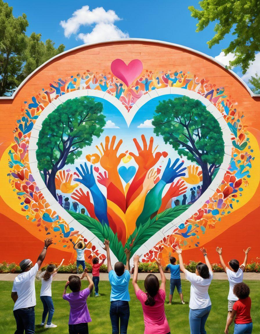 A diverse group of community members collaborating on a vibrant mural, surrounded by symbols of teamwork like interlocking hands and hearts. Bright, engaging colors reflect unity and support, while children play nearby, embodying hope and future growth. A backdrop of a busy local park filled with greenery and people of all ages engaged in different activities highlights the community spirit. super-realistic. vibrant colors. 3D.
