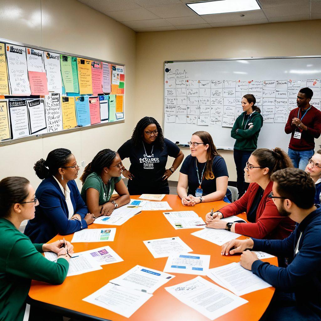 An engaging scene depicting a diverse group of advocates passionately discussing strategies in a vibrant community setting. Include elements like colorful posters, laptops, and a whiteboard filled with brainstorming ideas. Capture the spirit of teamwork and dedication, emphasizing the importance of outreach. super-realistic. vibrant colors. dynamic composition.